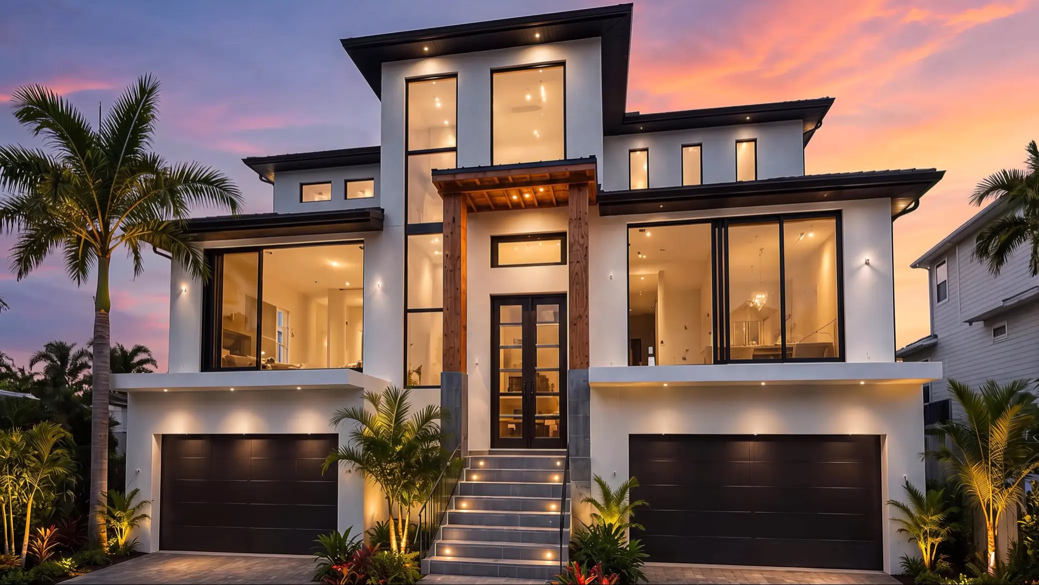 Luxury waterfront residence at dusk